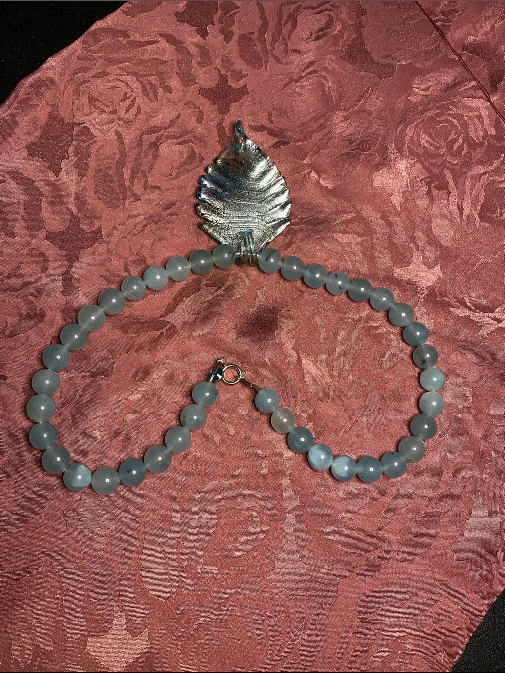 Blue Beaded Necklace with Dichroic Glass Leaf Pendant